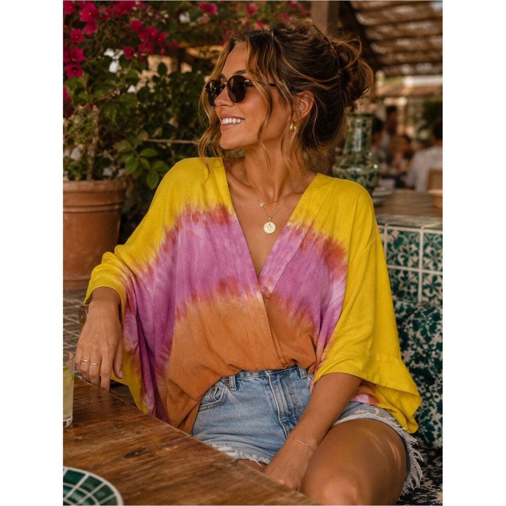 Young Fabulous & Broke Tie Dye Kimono V-Neck Faux Wrap TIA Top Revolve Ombre M